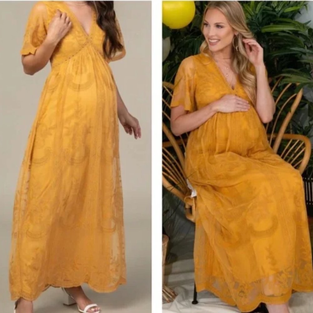PinkBlush Mustard Lace Mesh Overlay Maternity Maxi Dress Size XL